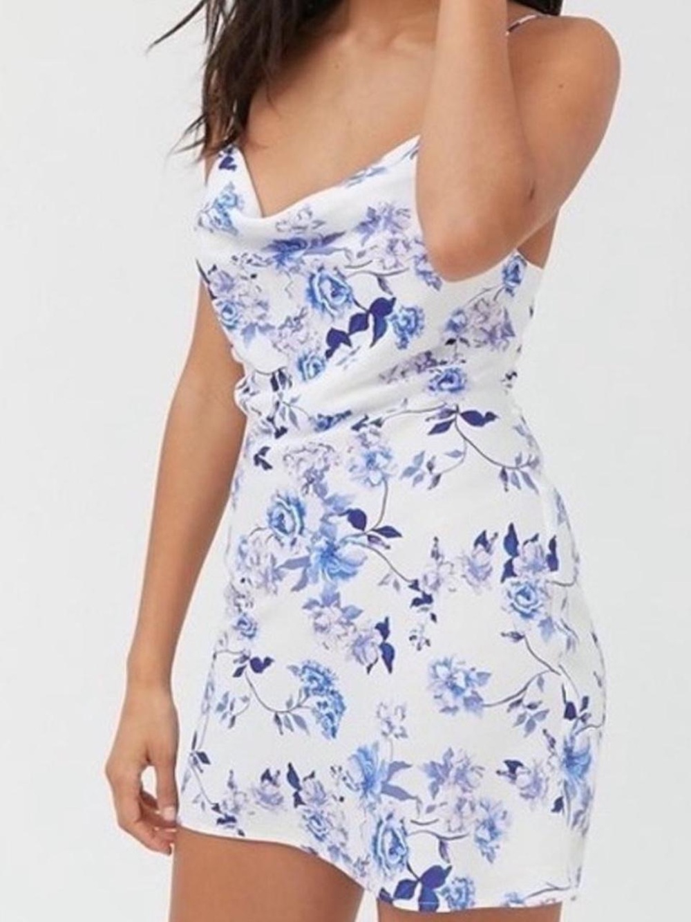 Urban Outfitters White and Blue Cowl Neck Floral Mini Dress - Blue Floral Print
